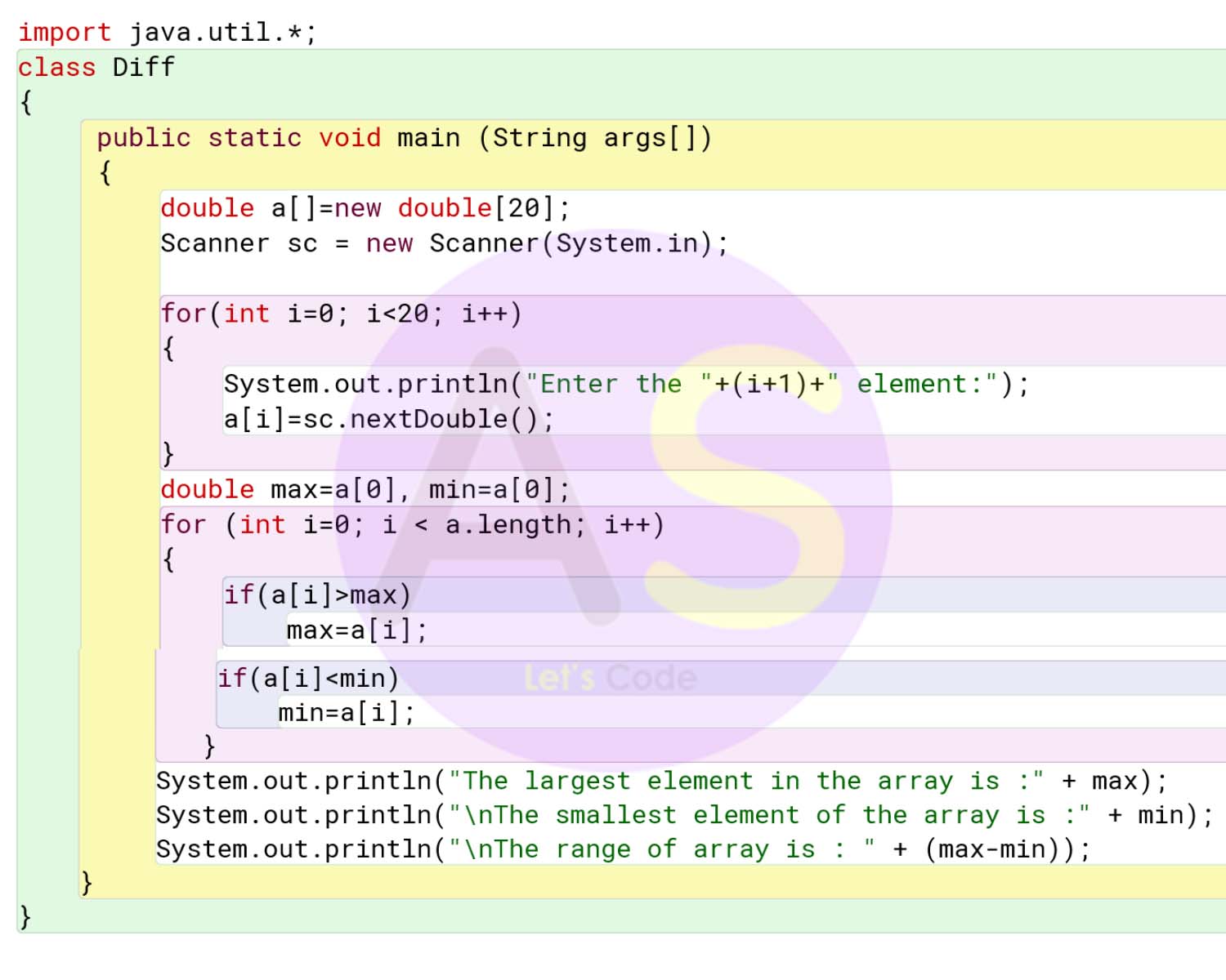 Define a class to accept values into a double array of size 20 and print the range of the array, range is the difference between the largest and the smallest elements of the array.