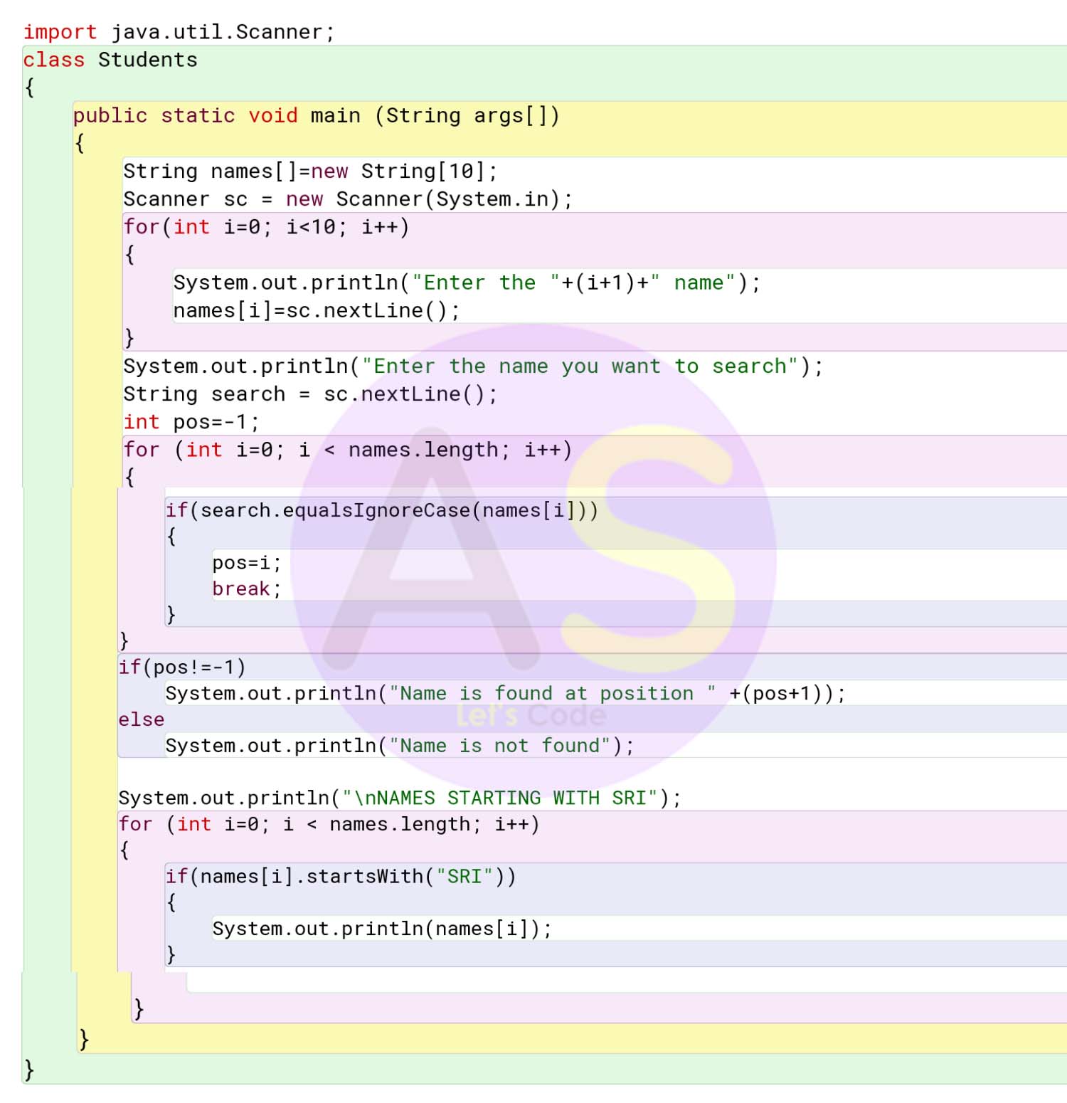 Define a class to accept the names of 10 students in an array and check for the existence of the given name in the array using linear search, if found print the position of the name, if not found print the appropriate message. Also print the names which begins with the word “SRI”.