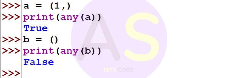 any() function in python tuples